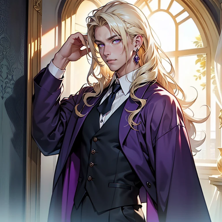 ((masterpiece)), (((best quality))), solo, 1 male, wizard, pale white skin, white-blonde hair, long hair, curly hair, handsome man, bright purple eyes, tall, robes, waistcoat, dress-shirt, simple earrings, highest quality, highly detailed, original, high resolution CG Unit 8k wallpaper, (best quality, artwork, masterpiece, 4k)