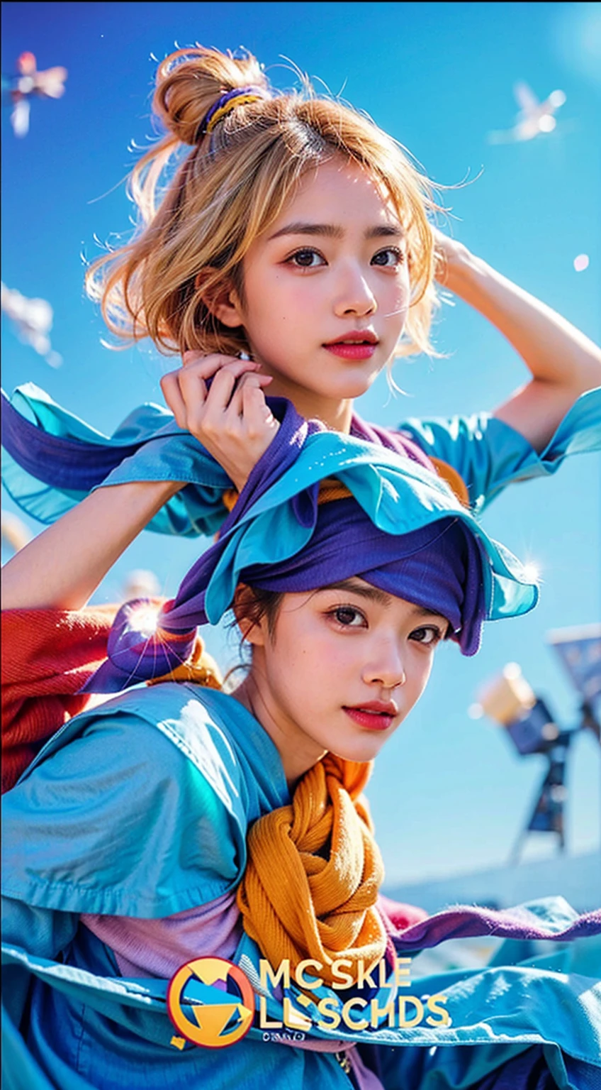 1girl, ahoge, bangs, blonde hair, blowing kiss, blue eyes, blue scarf, brown scarf, cleavage, closed mouth, eyelashes, face, floating hair, hair between eyes, heart, lips, lipstick, long hair, looking at viewer, makeup, night sky, nose, one eye closed, orange scarf, pink lips, pink scarf, portrait, purple eyes, realistic, red lips, red scarf, scarf, signature, smile, solo, space, spoken heart, star (sky), starry sky, upper body, watermark, yang xiao long, yellow scarf
