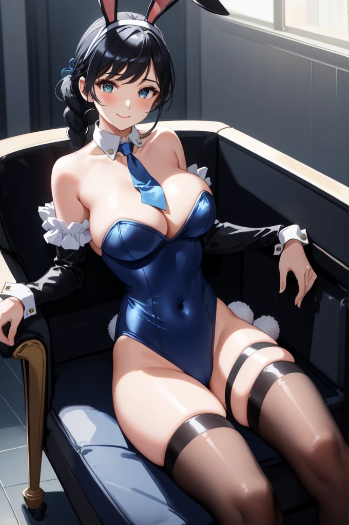 masterpiece, best quality, 1girl, 1struler, ponytail, braid, fake rabbit ears, detached collar, short necktie, blue necktie, bare shoulders, white leotard, cleavage, navel cutout, blue leggings, fishnets, wrist cuffs, huge breasts, sitting, fancy chair, mansion, looking at viewer, smile