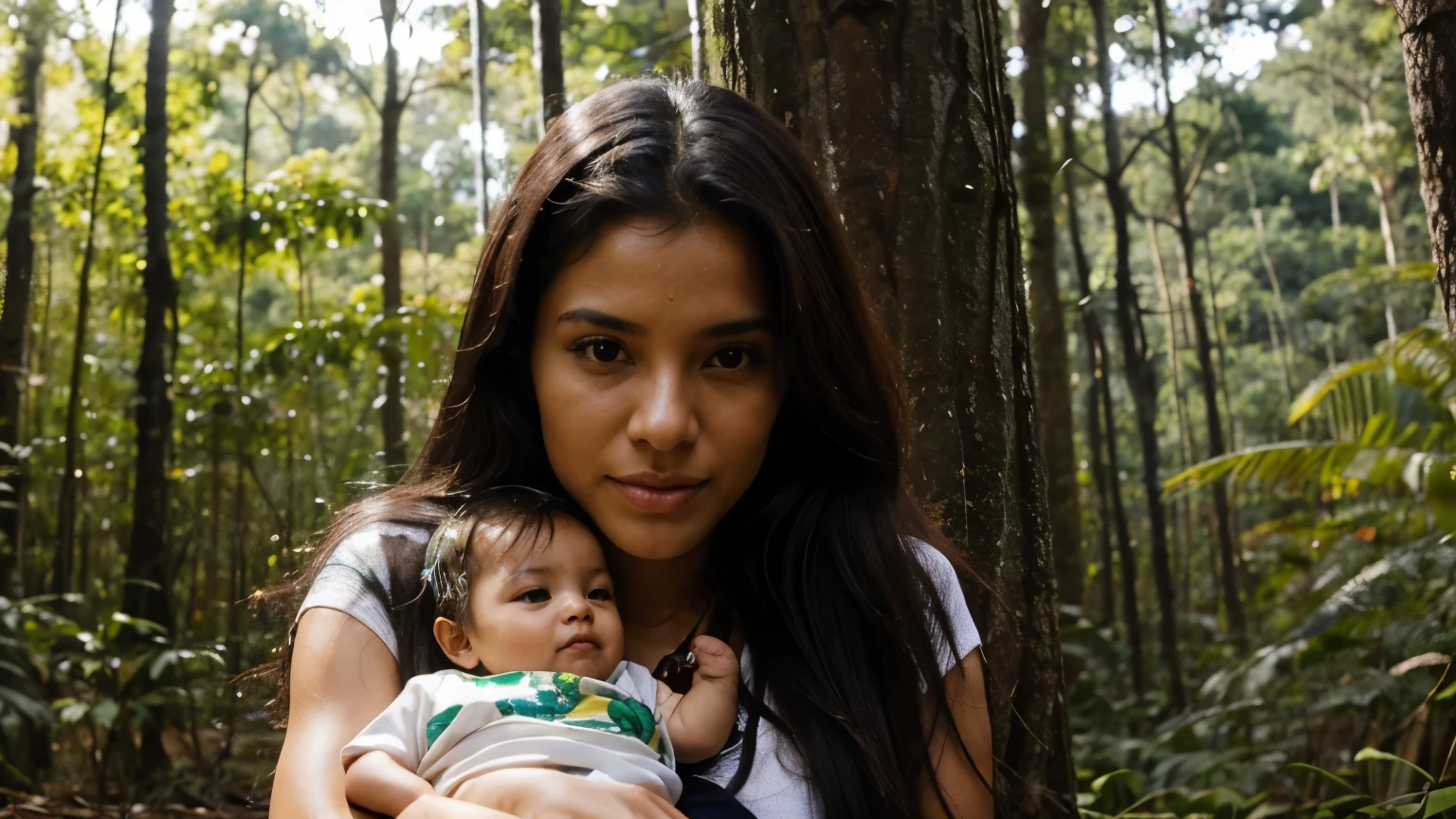 a beautiful Brazilian woman with indigenous Brazilian physical characteristics, at the forest,  with your baby boy