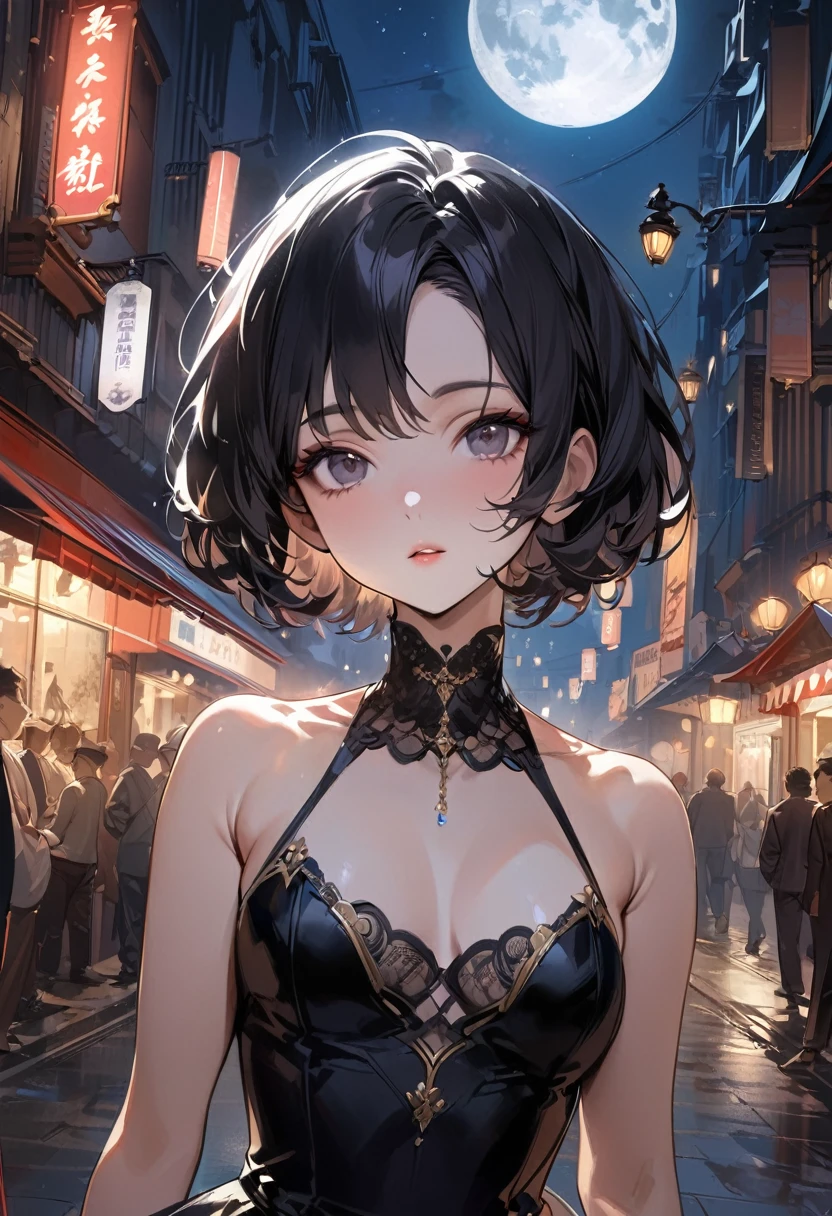masterpiece, Highest quality, Miranda, (Half Body Shot,Street lamp,moon),masterpiece, One girl, Solo Exhibitions, Beautiful woman on a busy street, Surrounded by peddlers, Beautiful Goddess Girl Portrait, Beautiful and elaborate face, Porcelain-like skin, (((Bust Shot, center, night, Black Hair, short hair)), Very soft lighting, Symmetric, complicated, grace, Attention to detail, realism, art, concept art, 