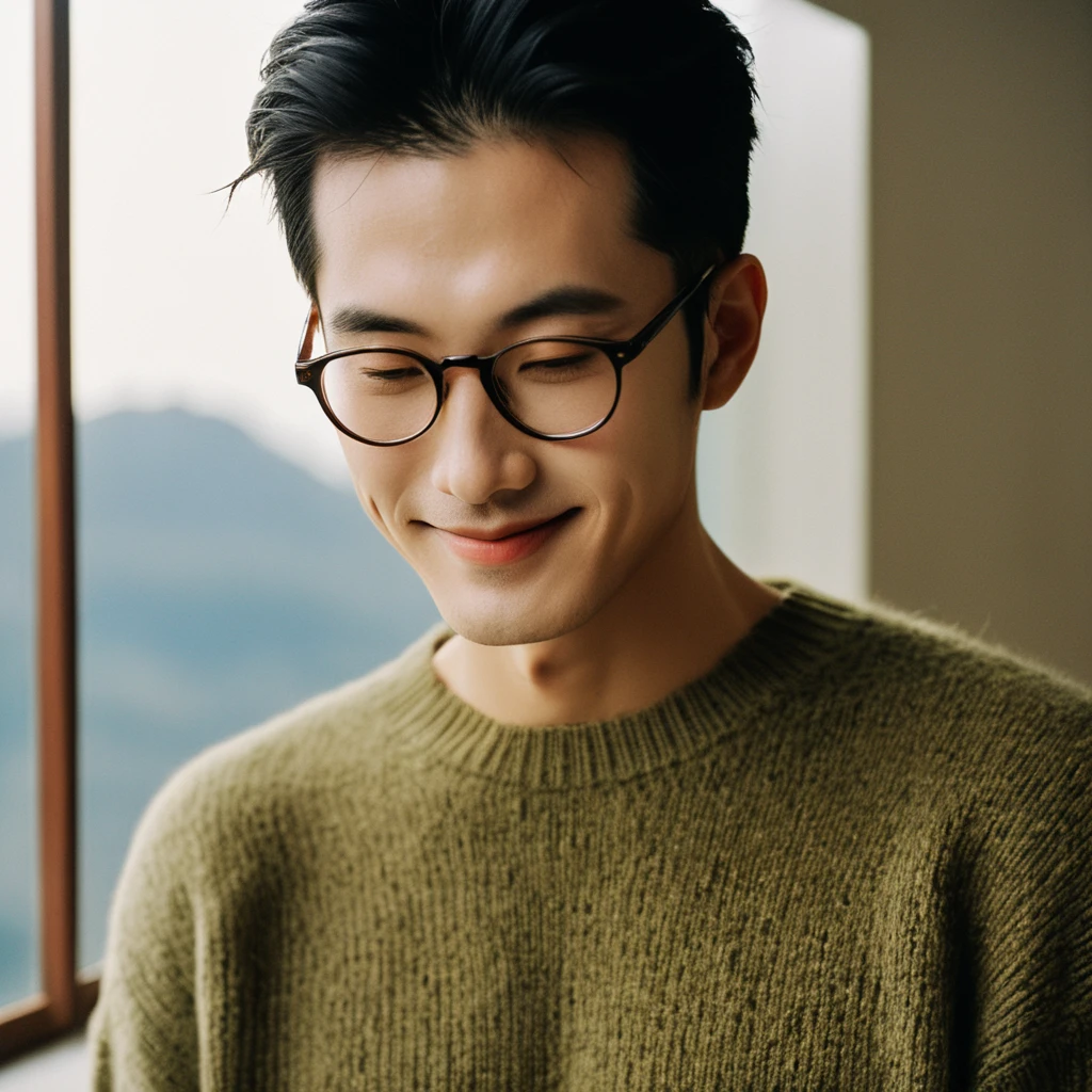 Closeup profile angle portrait photo of a handsome cool face Japanese idol man, quiff hairstyle, still from the film, (이제훈 look alike face: 0.9), wearing a olive sweater and glasses, smile, hyperrealistic photography, Leica SL3, Summicron-SL 75 f/2 ASPH, Kodak Gold 200 film,