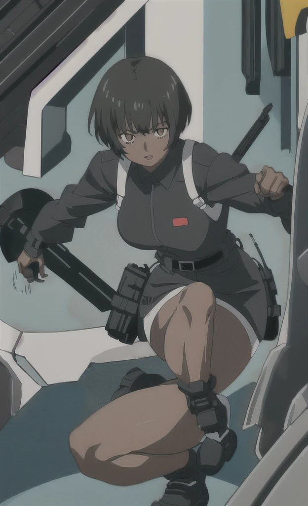 90s anime grown black skinned women with short black hair wearing a swat gear