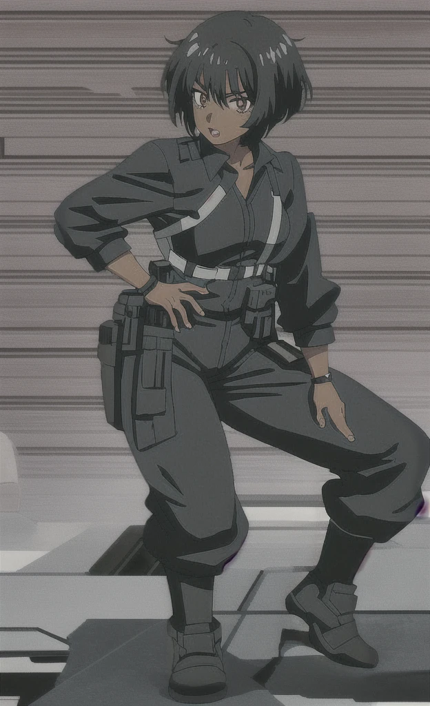 90s anime grown black skinned women with short black hair wearing a swat gear
