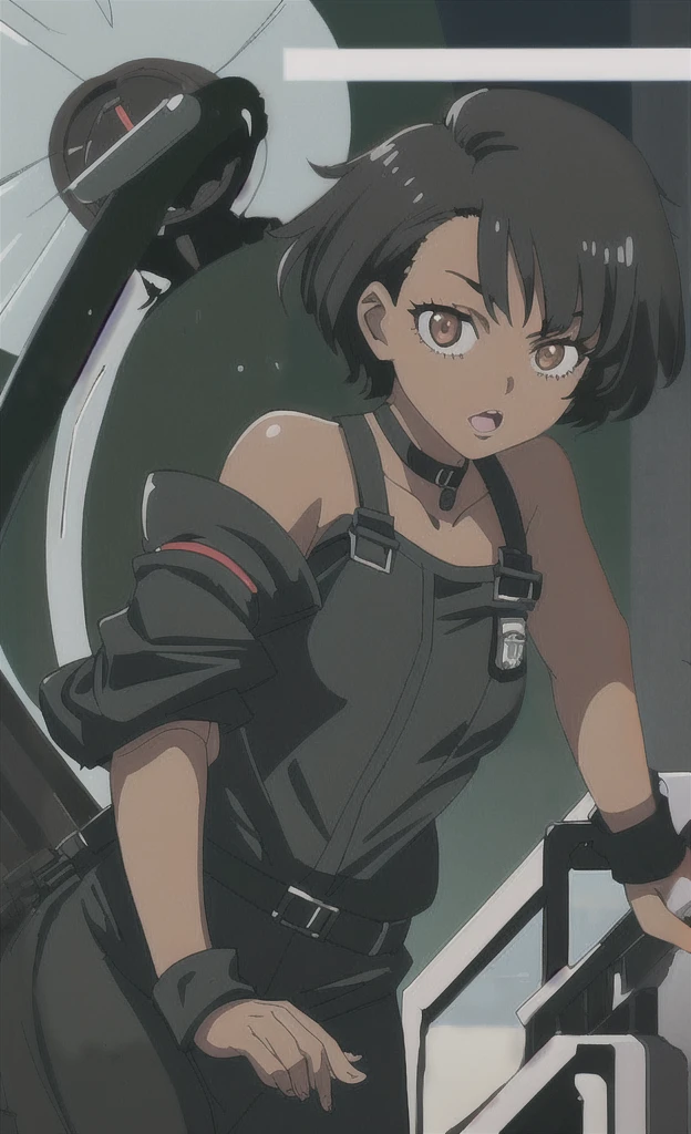 90s anime grown black skinned women with short black hair wearing a swat gear