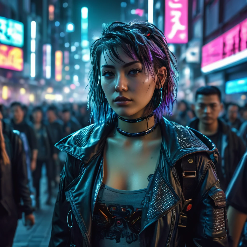 Cyberpunk girl, walking through the crowd in a Night City, intricate details, HDR, beautifully shot, hyperrealistic, sharp focus, 64 megapixels