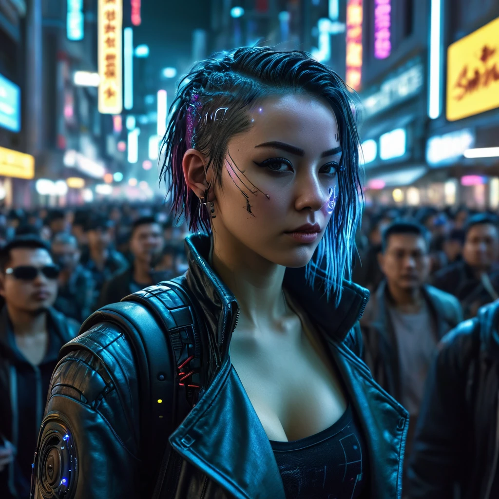Cyberpunk girl, walking through the crowd in a Night City, intricate details, HDR, beautifully shot, hyperrealistic, sharp focus, 64 megapixels