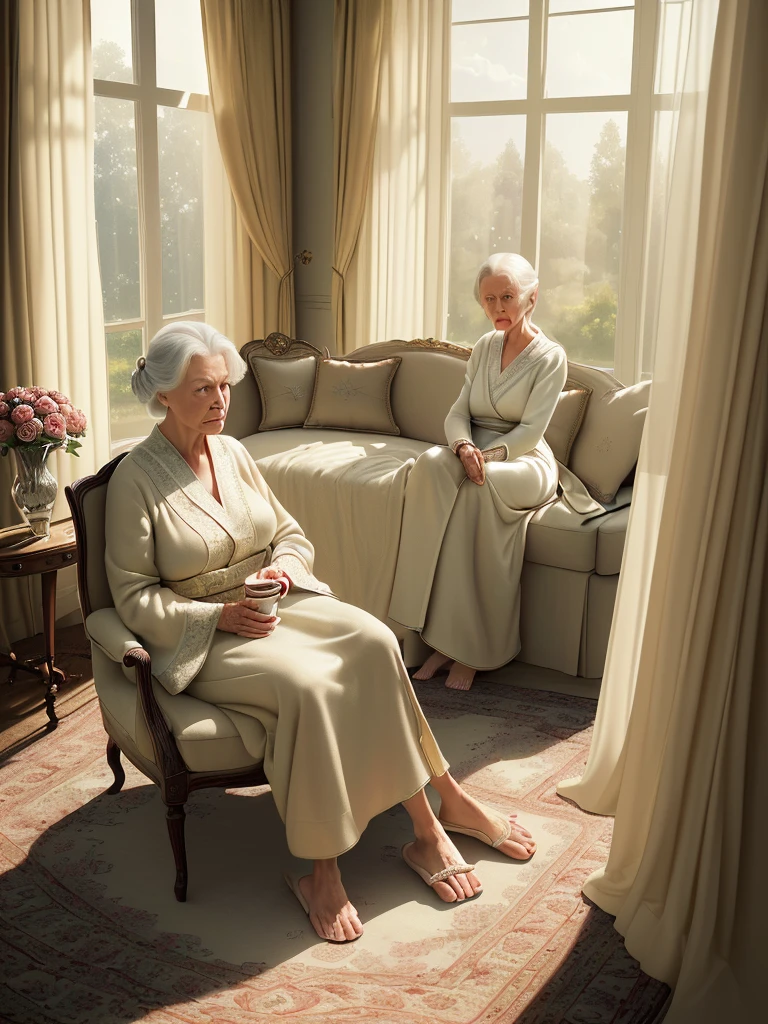 A sophisticated elderly woman of 80 years old, elegantly dressed in a robe and slippers, sitting by a large window in a spacious, well-appointed room, with sheer curtains revealing a lush springtime landscape outside, sunlight streaming in, an elegant vase of roses on a side table, a plush carpet, and a runner leading to the window, sipping coffee in a serene morning atmosphere, (best quality,4k,8k,highres,masterpiece:1.2),ultra-detailed,(realistic,photorealistic,photo-realistic:1.37),detailed facial features,detailed clothing and surroundings,warm lighting,soft colors,cinematic composition,highly detailed interior,elegant,sophisticated,serene