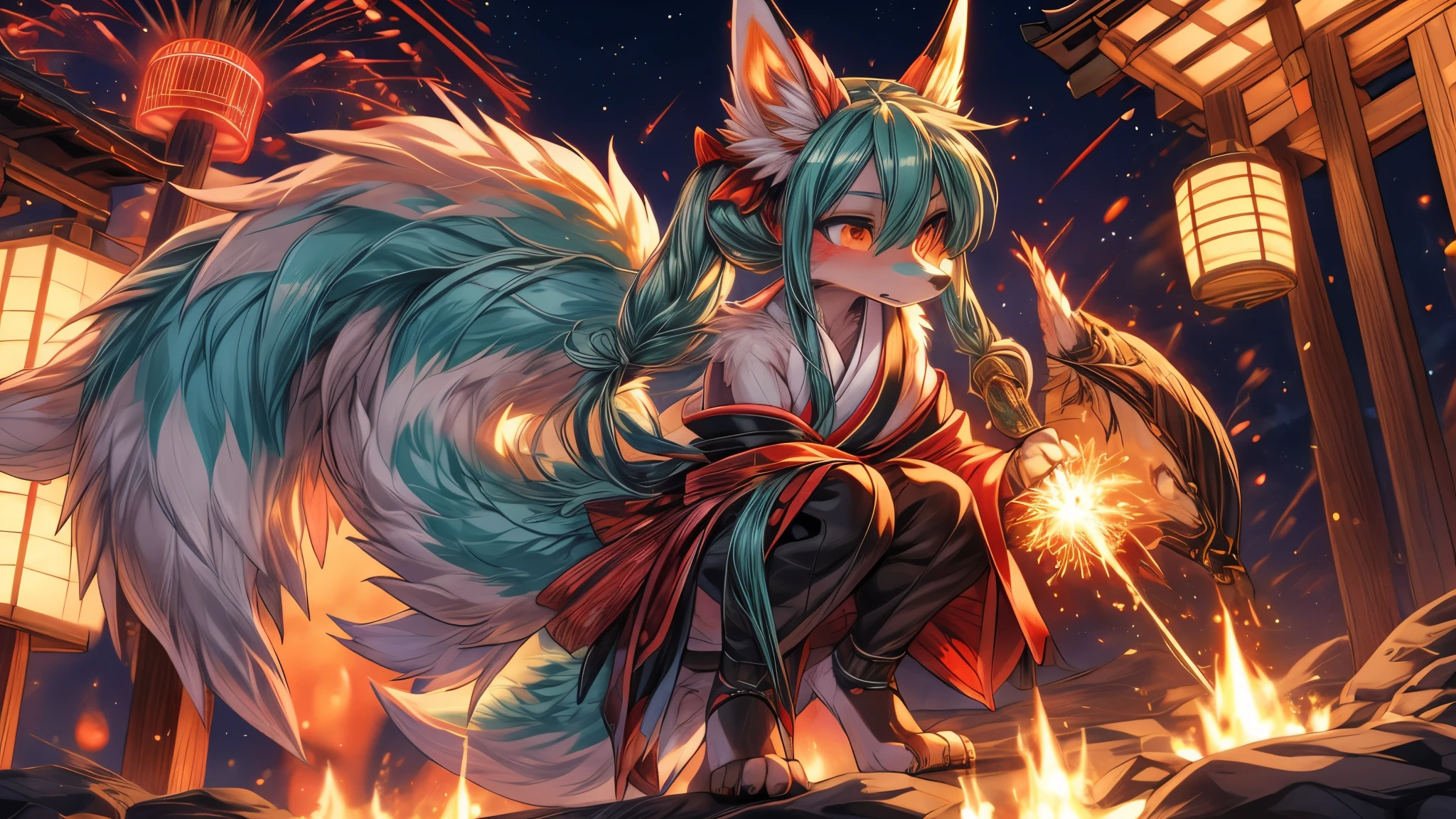 The best quality, Japanese adolescent hatsune miku x kitsune , fox face elongated snout add-detail, Surprise face, sweaty body, heated add_detail,, kitsune warrior in summer matsuri, ffireworks in the background add_detail:1, barefoot add_detail:1 mistycal aura, demon slayer style
