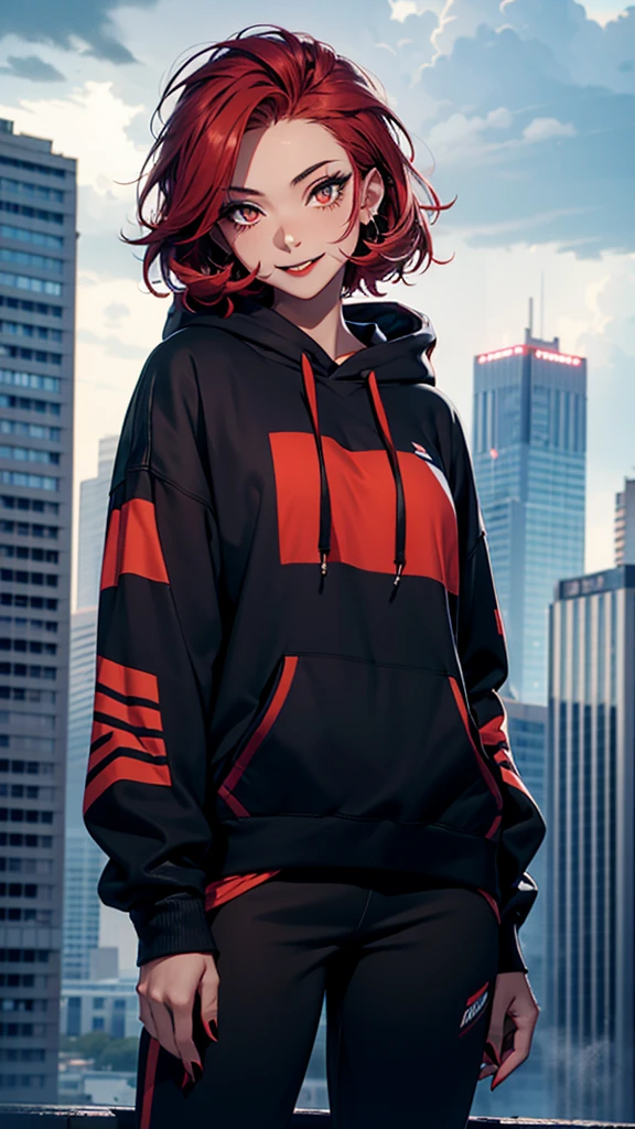 A 25-year-old woman with tanned skin, scarlet eyes, short and messy red hair, wearing a loose black hoodie and sport pants, a soft but teasing smile with black matte lipstick, standing at the top of a building with a thunderstorm in the background, black lipstick, hands in hoodie