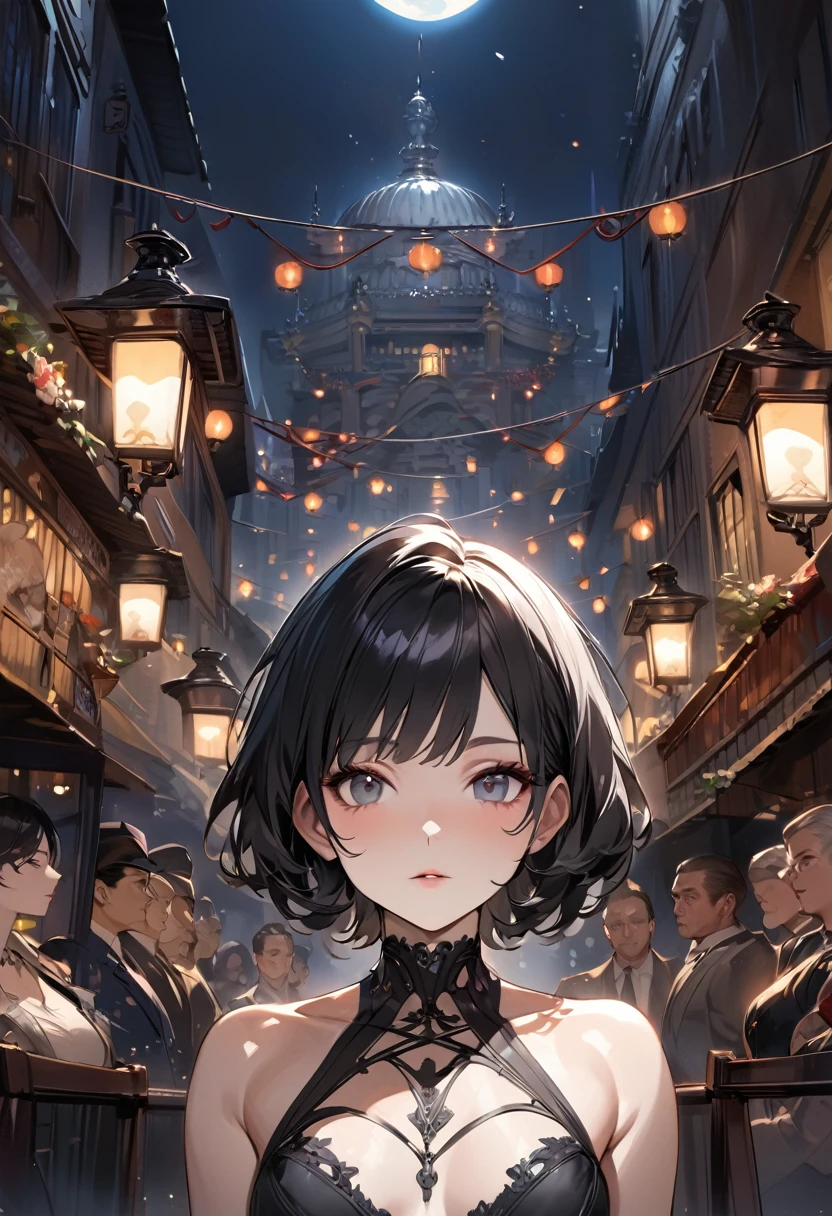 masterpiece, Highest quality, Miranda, (Half Body Shot,Street lamp,moon),masterpiece, One girl, Solo Exhibitions, Beautiful woman on a busy street, Surrounded by peddlers, Beautiful Goddess Girl Portrait, Beautiful and elaborate face, Porcelain-like skin, (((Bust Shot, center, night, Black Hair, short hair)), Very soft lighting, Symmetric, complicated, grace, Attention to detail, realism, art, concept art,