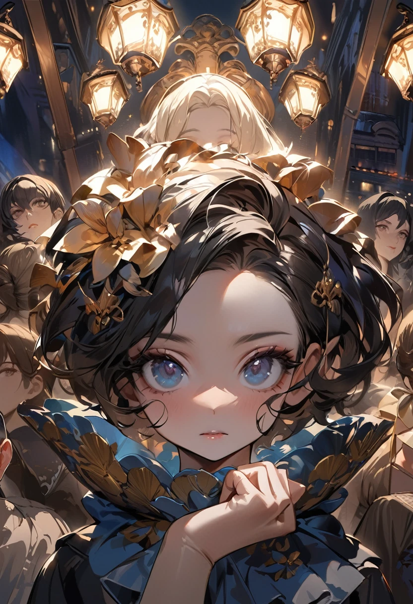 masterpiece, Highest quality, Miranda, (Half Body Shot,Street lamp,moon),masterpiece, One girl, Solo Exhibitions, Beautiful woman on a busy street, Surrounded by peddlers, Beautiful Goddess Girl Portrait, Beautiful and elaborate face, Porcelain-like skin, (((Bust Shot, center, night, Black Hair, short hair)), Very soft lighting, Symmetric, complicated, grace, Attention to detail, realism, art, concept art, 