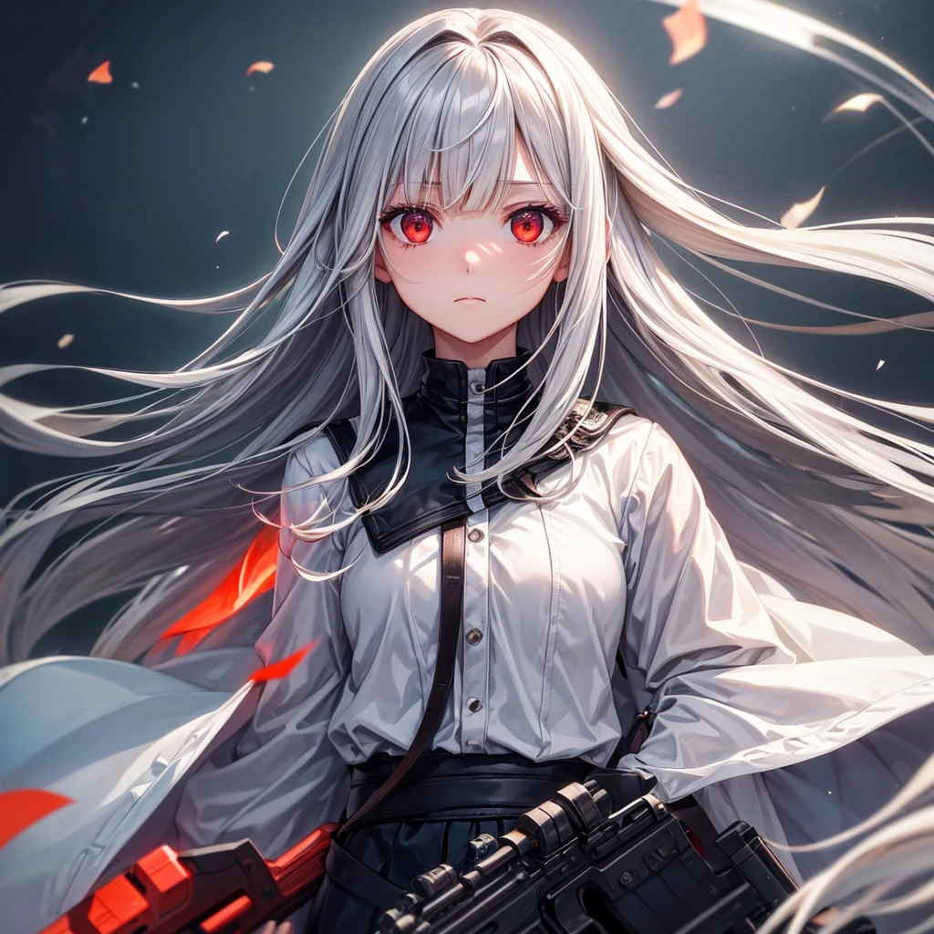 One girl, Long Hair, High resolution, Gaze, Food, Gray Hair, Simple Background, far and near method, Illustration, Hair blowing in the wind, Deco bangs, Red eyes, Sad, had a rifle