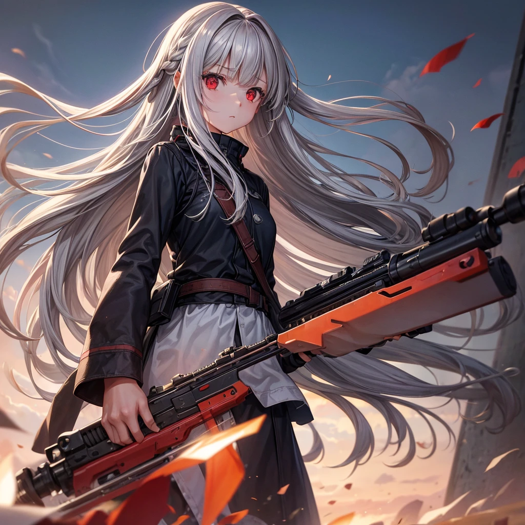 One girl, Long Hair, High resolution, Gaze, Food, Gray Hair, Simple Background, far and near method, Illustration, Hair blowing in the wind, Deco bangs, Red eyes, Sad, had a rifle