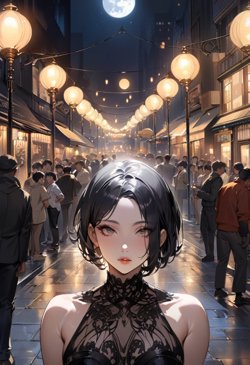 masterpiece, Highest quality, Miranda, (Half Body Shot,Street lamp,moon),masterpiece, One girl, Solo Exhibitions, Beautiful woman on a busy street, Surrounded by peddlers, Beautiful Goddess Girl Portrait, Beautiful and elaborate face, Porcelain-like skin, (((Bust Shot, center, night, Black Hair, short hair)), Very soft lighting, Symmetric, complicated, grace, Attention to detail, realism, art, concept art,