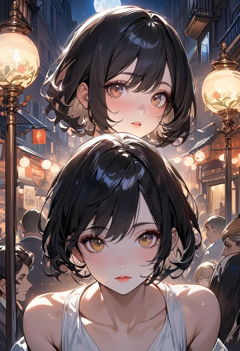 masterpiece, Highest quality, Miranda, (Half Body Shot,Street lamp,moon),masterpiece, One girl, Solo Exhibitions, Beautiful woman on a busy street, Surrounded by peddlers, Beautiful Goddess Girl Portrait, Beautiful and elaborate face, Porcelain-like skin, (((Bust Shot, center, night, Black Hair, short hair)), Very soft lighting, Symmetric, complicated, grace, Attention to detail, realism, art, concept art,