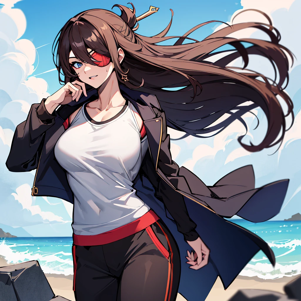 (absurdres, 8k, 4k, masterpiece, hyper extreme detailed:1.2), solo, 1girl, front view portrait, best quality, expressive eyes, perfect face, 1girl, portrait, solo, Female, mature female, adult, brown hair, eyepatch, long hair, pirate, cool, confident, perfect anatomy, messy hair, wild hair, day time, blue sky, cowboy shot, full body, perfect anatomy, flowing hair, windy hair, wind, beidoudef, beidournd, casual wear, t-shirt, sweatpants, front view, looking forward, confused, head tilt, toned body, muscular, athletic, flexible, strong, grey jacket,