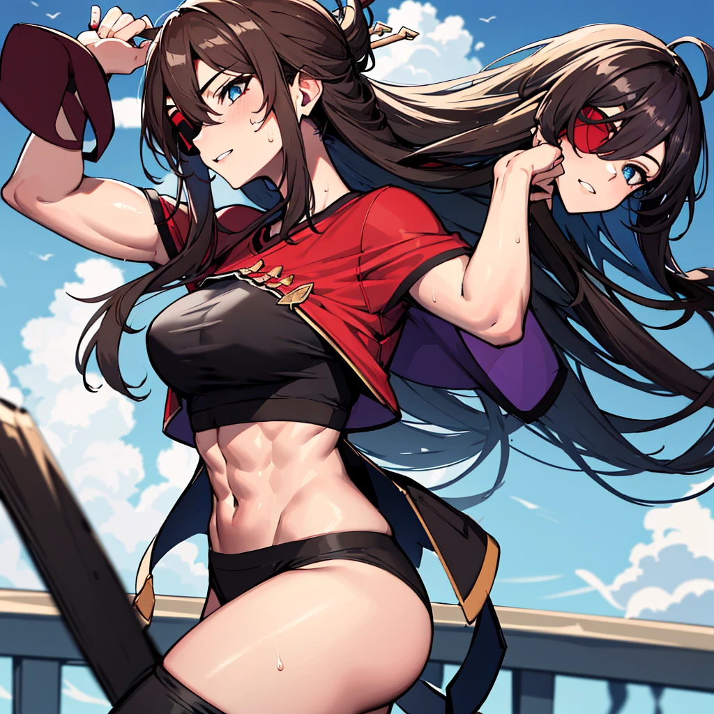(absurdres, 8k, 4k, masterpiece, hyper extreme detailed:1.2), solo, 1girl, front view portrait, best quality, expressive eyes, perfect face, 1girl, portrait, solo, Female, mature female, adult, brown hair, eyepatch, long hair, pirate, cool, confident, perfect anatomy, messy hair, wild hair, day time, blue sky, cowboy shot, full body, perfect anatomy, flowing hair, windy hair, wind, beidoudef, beidournd, front view, looking forward, toned body, muscular, athletic, flexible, strong, large bust, red swimsuit, swimwear, bikini, two piece, beach, sunny,