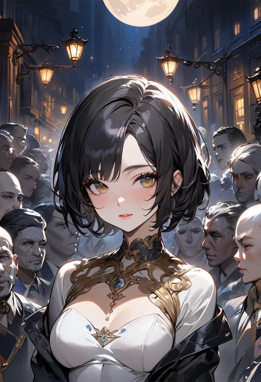 masterpiece, Highest quality, Miranda, (Half Body Shot,Street lamp,moon),masterpiece, One girl, Solo Exhibitions, Beautiful woman on a busy street, Surrounded by peddlers, Beautiful Goddess Girl Portrait, Beautiful and elaborate face, Porcelain-like skin, (((Bust Shot, center, night, Black Hair, short hair)), Very soft lighting, Symmetric, complicated, grace, Attention to detail, realism, art, concept art,