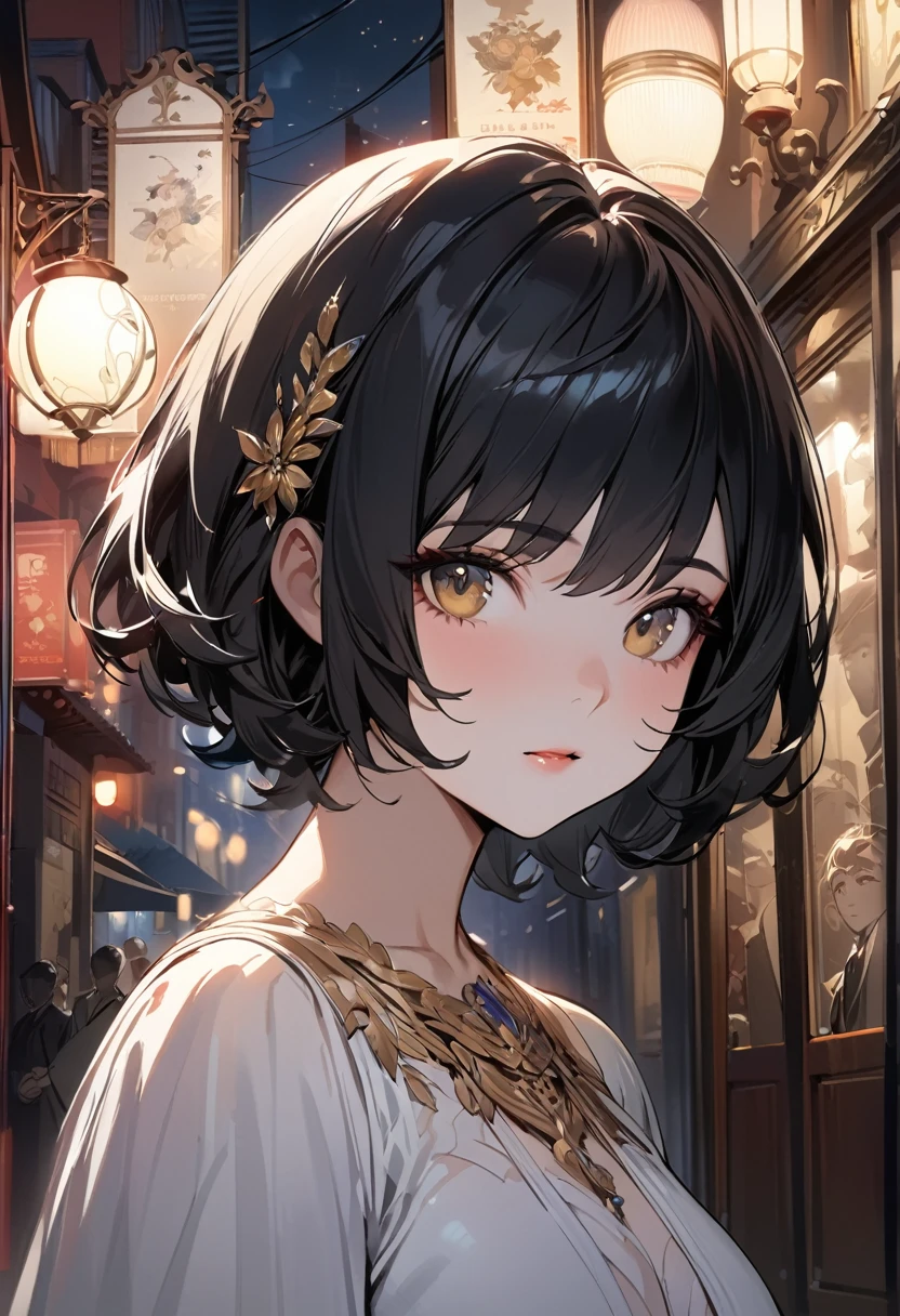 masterpiece, Highest quality, Miranda, (Half Body Shot,Street lamp,moon),masterpiece, One girl, Solo Exhibitions, Beautiful woman on a busy street, Surrounded by peddlers, Beautiful Goddess Girl Portrait, Beautiful and elaborate face, Porcelain-like skin, (((Bust Shot, center, night, Black Hair, short hair)), Very soft lighting, Symmetric, complicated, grace, Attention to detail, realism, art, concept art,