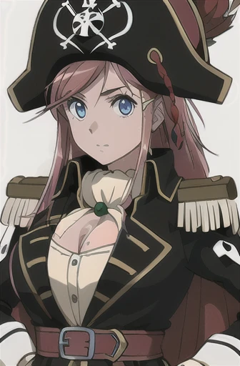 masterpiece, best quality, 1girl, detailed face and eyes, upper body, big breasts, cleavage, Katou Marika, pirate costume, pirate hat, skirt, hand on chest