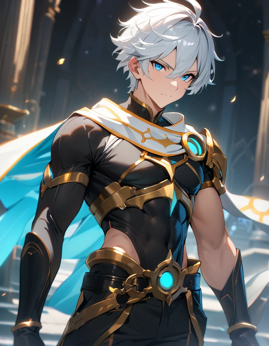 1 male, short hair, white hair, blue eyes, aether clothes, (best quality,4k,highres,masterpiece:1.2), slightly muscular