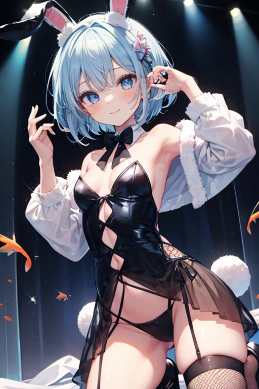 Light blue hair，blue eyes，girl，Girl，Small breasts，short，Bob，Lolita，Small breasts，Bright smile，Looks like 13 years old，Petan Musume，short，目のhighlight，Sexy thighs，Wear a bunny girl costume，Black rabbit ears，Please wear fishnet stockings，Please show me your armpits，Please open your legs，Kneeling，Your eyes are so beautiful，highlight，とても美しいhighlight
