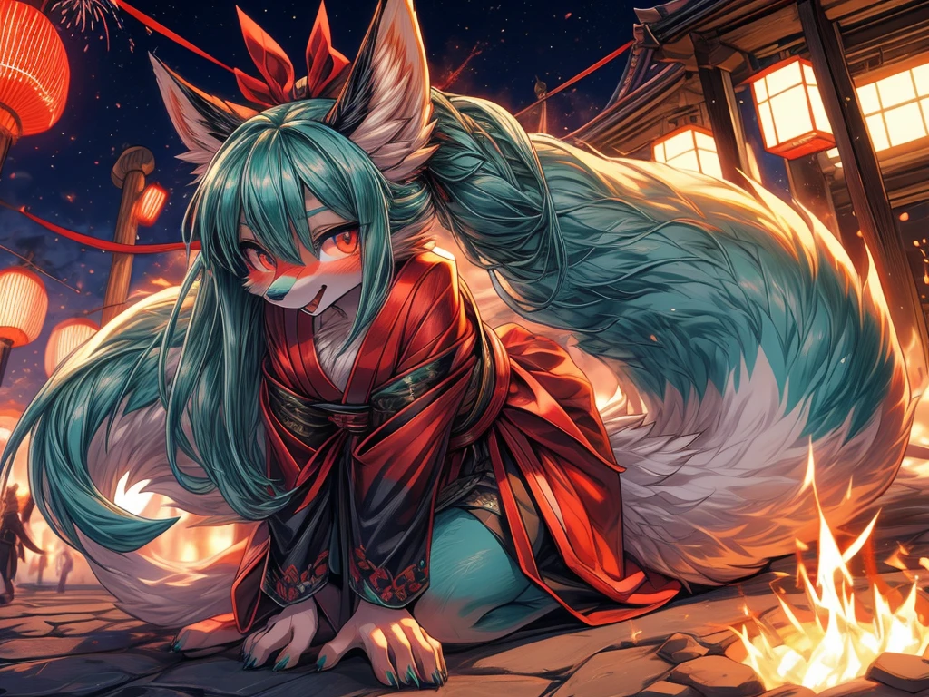 The best quality, Japanese adolescent hatsune miku x kitsune , fox face elongated snout add-detail, Surprise face, sweaty body, heated add_detail,, kitsune warrior in summer matsuri, ffireworks in the background add_detail:1, barefoot add_detail:1 mistycal aura, demon slayer style 