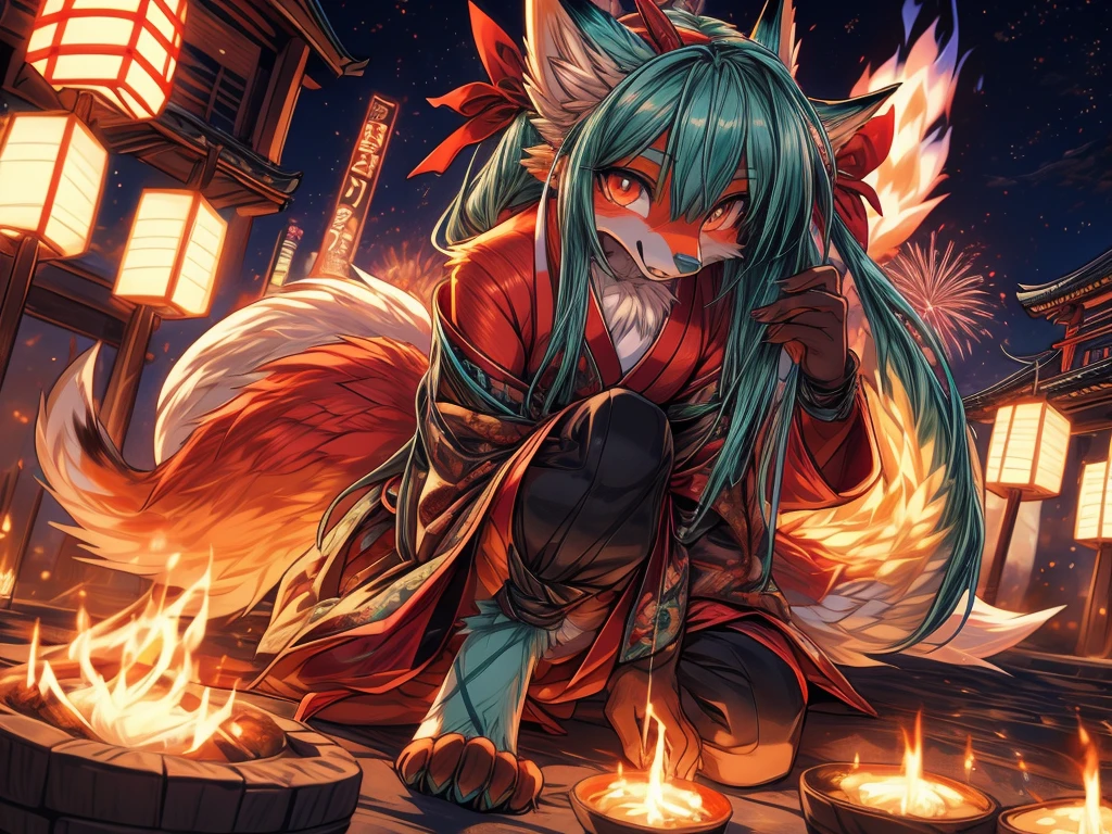 The best quality, Japanese adolescent hatsune miku x kitsune , fox face elongated snout add-detail, Surprise face, sweaty body, heated add_detail,, kitsune warrior in summer matsuri, ffireworks in the background add_detail:1, barefoot add_detail:1 mistycal aura, demon slayer style