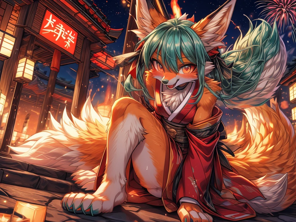 The best quality, Japanese adolescent hatsune miku x kitsune , fox face elongated snout add-detail, Surprise face, sweaty body, heated add_detail,, kitsune warrior in summer matsuri, ffireworks in the background add_detail:1, barefoot add_detail:1 mistycal aura, demon slayer style