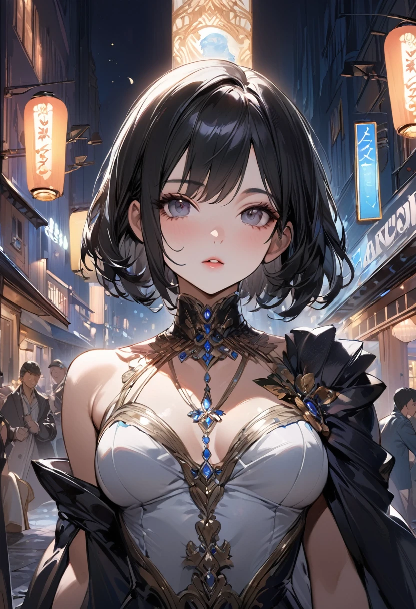 masterpiece, Highest quality, Miranda, (Half Body Shot,Street lamp,moon),masterpiece, One girl, Solo Exhibitions, Beautiful woman on a busy street, Surrounded by peddlers, Beautiful Goddess Girl Portrait, Beautiful and elaborate face, Porcelain-like skin, (((Bust Shot, center, night, Black Hair, short hair)), Very soft lighting, Symmetric, complicated, grace, Attention to detail, realism, art, concept art,