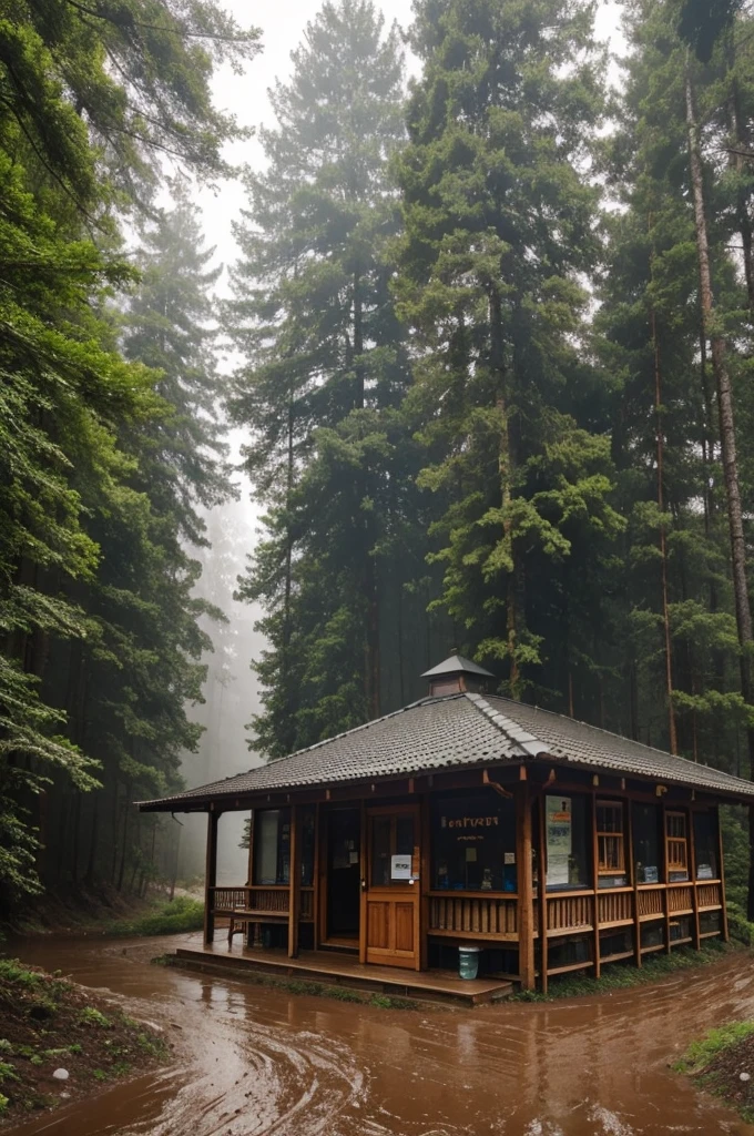 A small mud road which is in mountains and there are alot of trees around it the weather is foggy and its raining slightly and on the side there is a coffee shop made out of wood in which there is slight light
