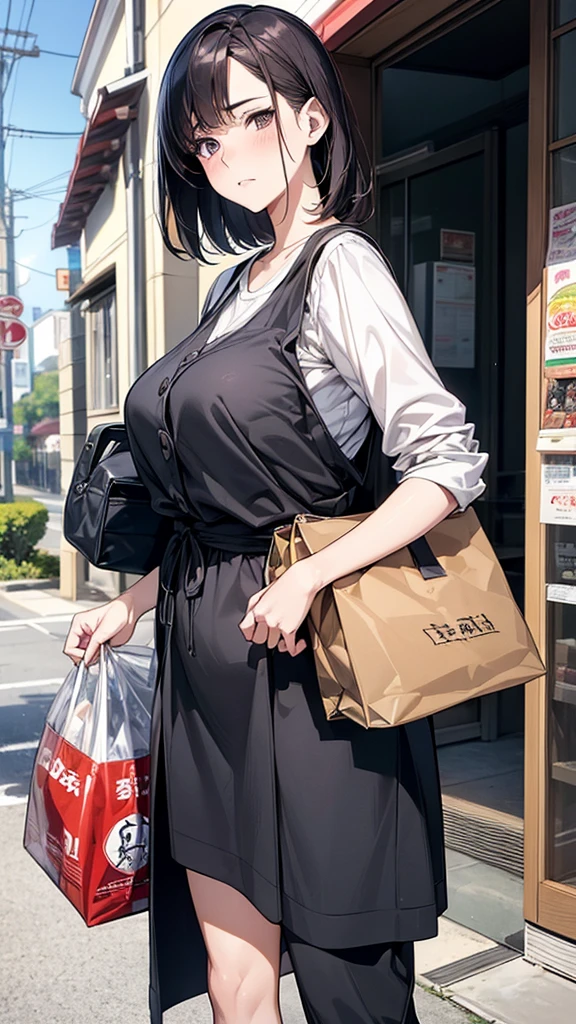 (A work depicting a scene from a manga for adults), housewife, Realistic sized eyes, Droopy eyes, shame, (She is carrying a large plastic bag full of groceries.), (Spread your legs, banging one&#39;s groin against a stone pillar on the sidewalk to masturbate, pubic hair), Angle from below, alley,