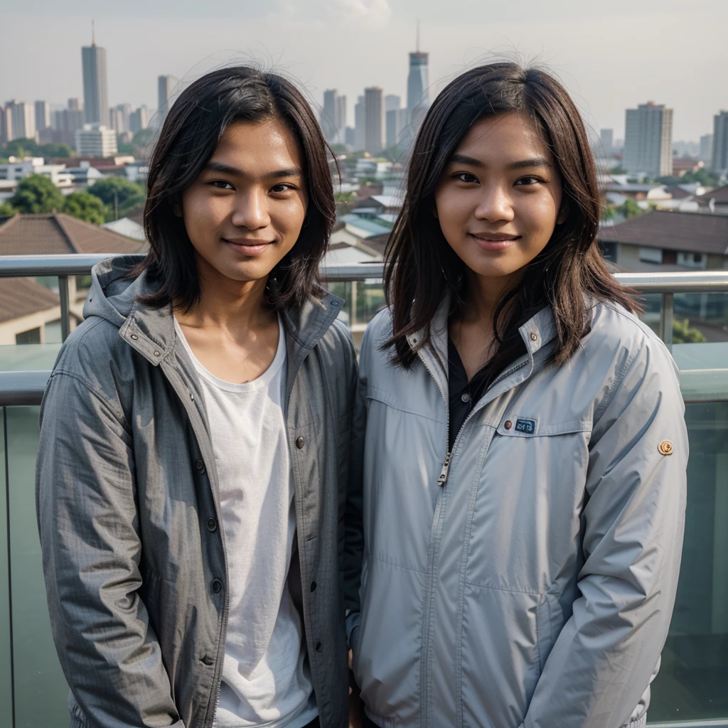 Medium shot of a 25 year old indonesian man, fit body, ideal body, oval face, white skin, nature skin, medium hair, wearing a  jacket, side by side with a 25 year old indonesian woman with, gray jacket, they smile facing the camera, eye to camera, eye level angle with City view in the background
