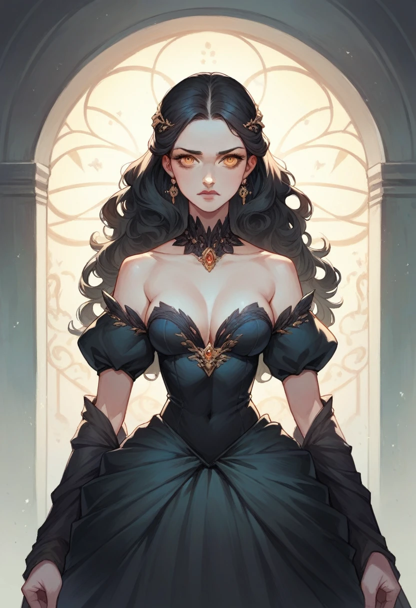 A realistic 20 year old princess of darkness. She has amber eyes. Black Hair she is beautful but cunning Wearing all black princess gown.