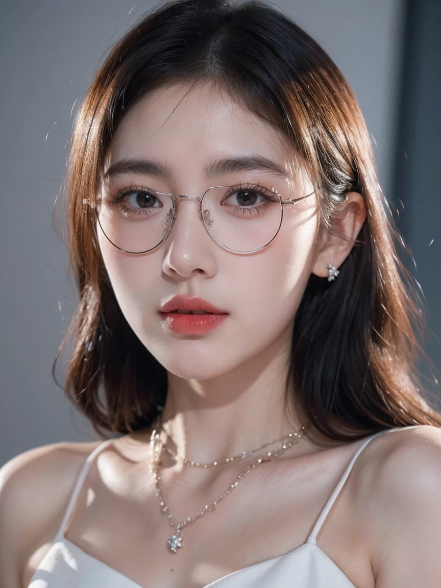 Top CG, Highest image quality, masterpiece, Gentle and beautiful girl, (185cm美女), (fit), Imperial sister, Queen temperament, White skin, Perfect facial features, Bright Eyes, Red lips, Beautiful and cold (A major breakthrough)), Beautiful and heroic, Soft and long hair, shiny, Lace, net, Visible through clear skin, wear glasses, ruby neckLace, (evening dress), 8K Image Quality, (Realistic Portraits), Characters fill the screen, (Facial lighting), ((eternal),Half frame glasses,Slightly tilt your head