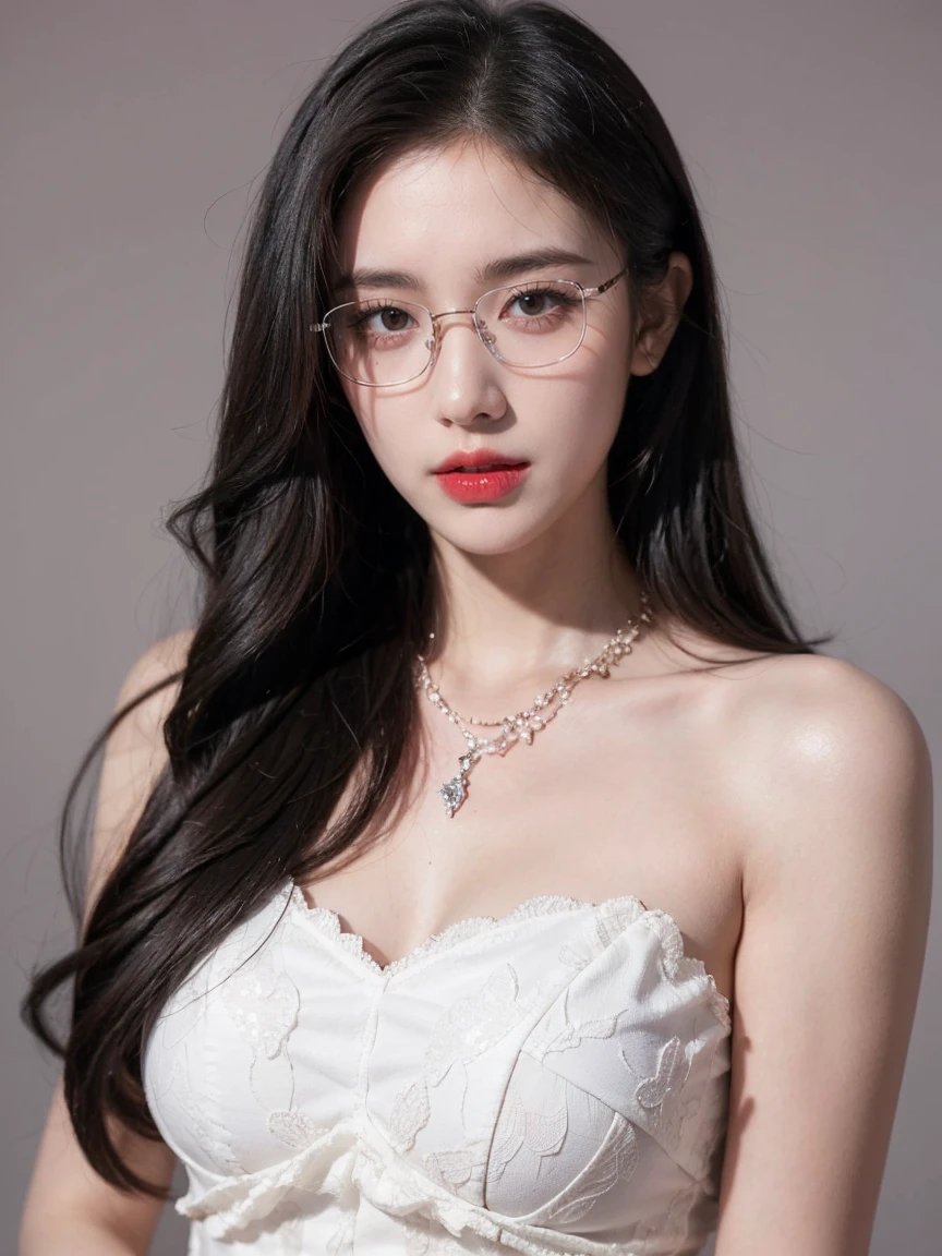 Top CG, Highest image quality, masterpiece, Gentle and beautiful girl, (185cm美女), (fit), Imperial sister, Queen temperament, White skin, ((Long legs)), perfect facial features, Bright Eyes, Seductive pose, Red lips, Beautiful and cold (A major breakthrough)), Beautiful and heroic, Soft and long hair, sparkling, Lace, net, Visible through clear skin, wear glasses, diamond earrings, ruby neckLace, (Blue evening dress), 8K Image Quality, (Realistic Portraits), Characters fill the screen, (Facial lighting), ((eternity)
