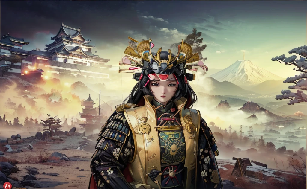 Female, (girls:1.5), (exceptional, best aesthetic, new, newest, best quality, anime, waifu:1.2), best quality, ultra detailed, absurdres, highres, colored, good anatomy, black hair, pretty face, Japanese Samurai armor, Samurai helmet, laurel leaves on helmet, swords, cape, Japanese castle, tree, snow mountain, fire,