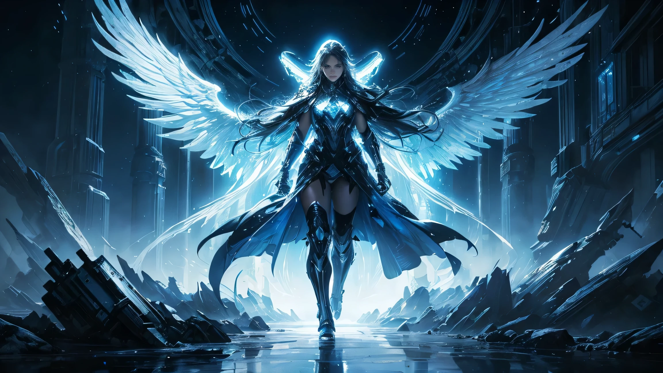 ((masterpiece, Highest quality, Best image quality, High resolution)) One giant angel、Large, shining white wings、Glowing halo、Cyberface。Flowing Ethereal Armor、god々Shining with a bright light。Blue eyes and advanced cybernetic enhancements, reflection on a smooth surface. The cityscape below is filled with towering skyscrapers., illuminated by colorful holographic advertisements, Shining with blue energy, Mighty power. The overall atmosphere is dark and mysterious., It had a futuristic techno vibe.. The lighting is dramatic, Intense highlights and deep shadows, Creates depth and tension