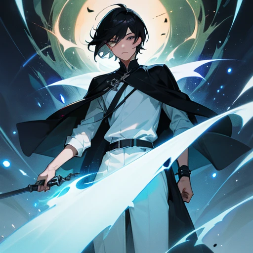 Androgynous and well-proportioned face。Her hair is short。Black Hair。
Wearing a white shirt and a black cape。In his hand he holds a shining rainbow rapier。Watching fireflies。The background is a deep forest。