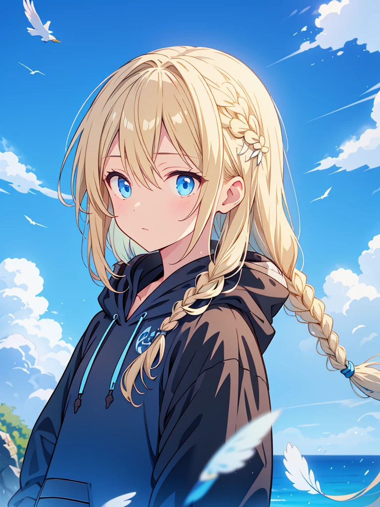 Blonde hair with light blue tips,Braid,blue eyes,Black hoodie,A calm face,Black Feather,Blue sky,Water Drop,White Bird,blue bird ,Crow