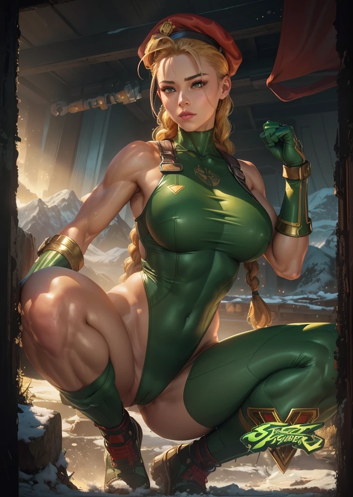 amazing image in ultra high quality with a lot of details , maximal quality , 8k masterpiece, ultra realistic light reflecting , amazingly beautiful artwork , really realistic , A breathtaking 8k masterpiece of Cammy, the iconic Street Fighter character, ultra seductive, in a sexy pose. She wears her really sexy signature green leotard, red beret, and gloves. Her muscles are well-defined, showcasing her perfect looking busty body , huge natural rounded breasts , The background features a typical street fighter scene, vibrant background artistic scene , perfect light reflecting off her skin and clothing. Her hair is meticulously detailed, each strand catching the light. The overall artwork is incredibly detailed and captures her sex appeal and her beauty.
8k masterpiece," "breathtaking," "ultra-high resolution , vibrant colors, " "meticulously detailed," "amazingly beautiful artwork"with perfect skin texture
stunning, ultra-realistic image sexualized and suggestive.
highlight the character's beauties and sex appeal , perfect looking body , ultra sexy and realistic, strength and athleticism. high quality and highly detailed
Character Details: Cammy's signature outfit, strong physique, determined expression
Background: Snow-capped mountains, vibrant sunset, golden light
Technical Aspects: Focus on lighting and skin texture