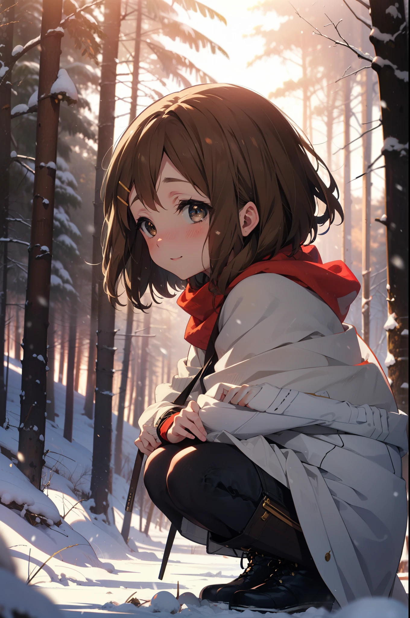 yuihirasawa, Yui Hirasawa, short hair, Brown Hair, hair ornaments, (Brown eyes:1.5), Hair Clip、smile,smile,blush,white breath,
Open your mouth,snow,Ground bonfire,, Outdoor, boots, snowing, From the side, wood, suitcase, Cape, Blurred, , forest, White handbag, nature, Squat, Mouth closed, Cape, winter, Written boundary depth, Black shoes, red Cape break looking at viewer, Upper Body, whole body, break Outdoor, forest, nature, break (masterpiece:1.2), Highest quality, High resolution, unity 8k wallpaper, (shape:0.8), (Beautiful and beautiful eyes:1.6), Highly detailed face, Perfect lighting, Extremely detailed CG, (Perfect hands, Perfect Anatomy),