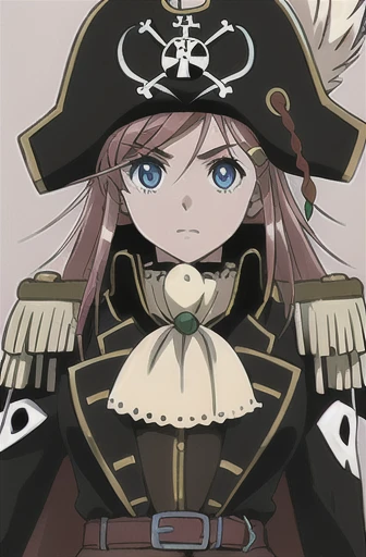 masterpiece, best quality, 1girl, detailed face and eyes, upper body, big breasts, Katou Marika, pirate costume, belt, pirate hat