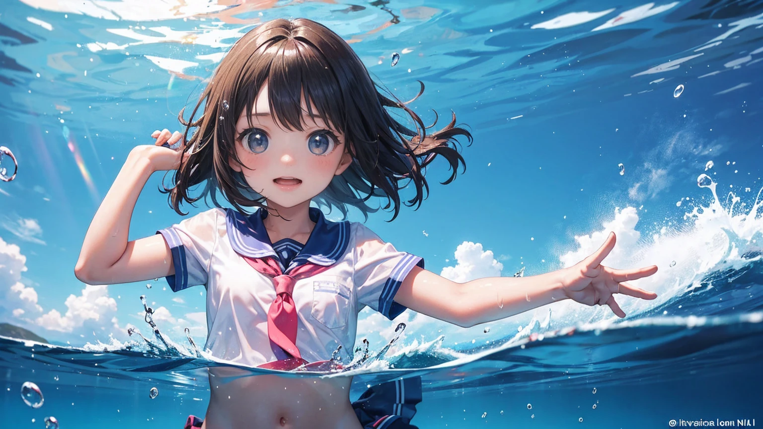 A very cute elementary school girl, around 10 years old, is swimming in the sea. She looks like she’s having a great time.
