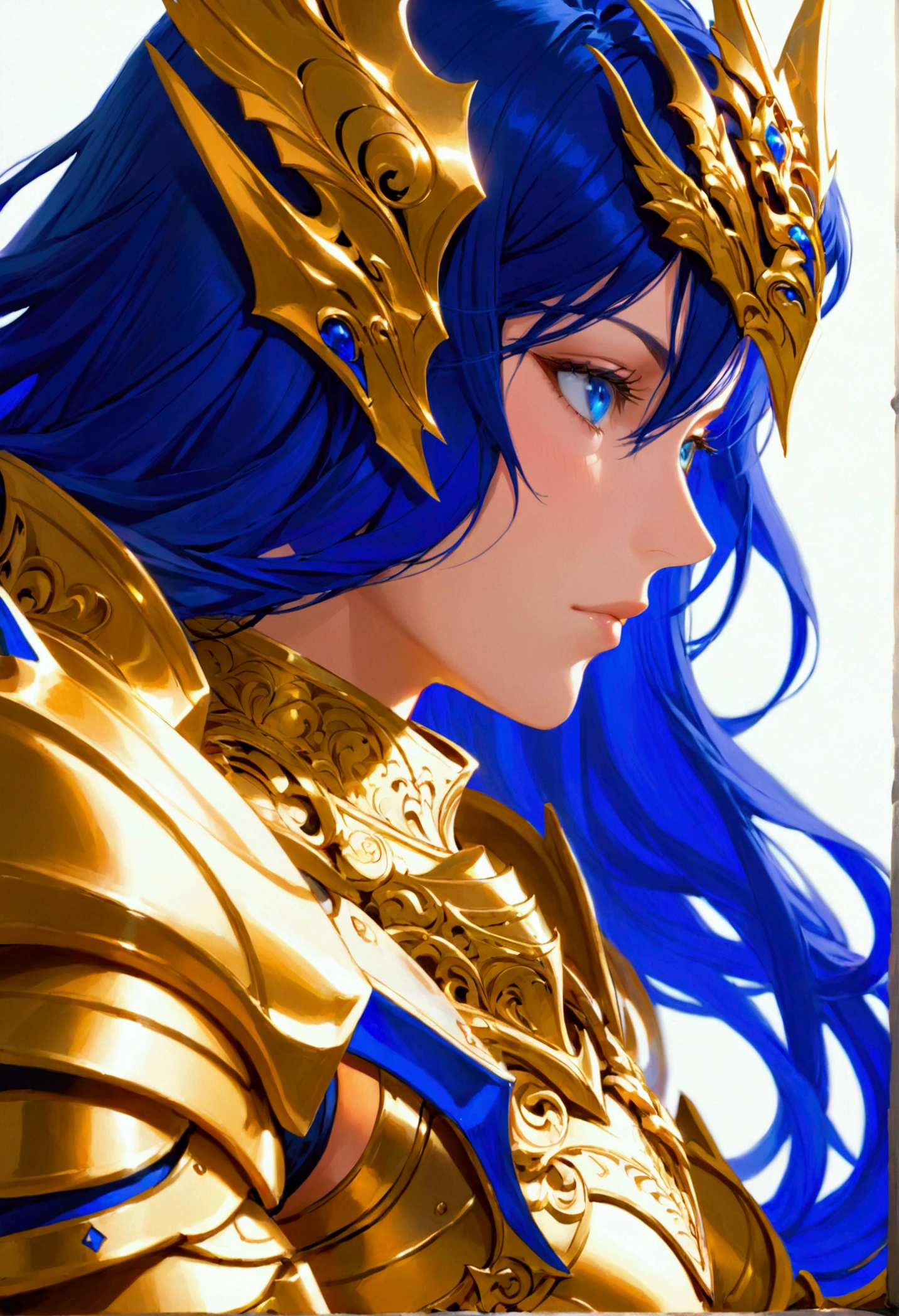 long dark blue hair, blue eyes, tall athletic body,mature face, armor