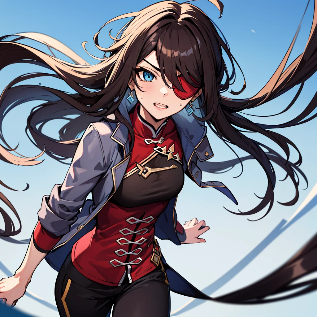 (absurdres, 8k, 4k, masterpiece, hyper extreme detailed:1.2), solo, 1girl, front view portrait, best quality, expressive eyes, perfect face, 1girl, portrait, solo, Female, mature female, adult, brown hair, eyepatch, long hair, pirate, cool, confident, perfect anatomy, messy hair, wild hair, day time, blue sky, cowboy shot, full body, perfect anatomy, flowing hair, windy hair, wind, beidoudef, beidournd, casual wear, t-shirt, sweatpants, front view, looking forward, confused, head tilt, toned body, muscular, athletic, flexible, strong, grey jacket,