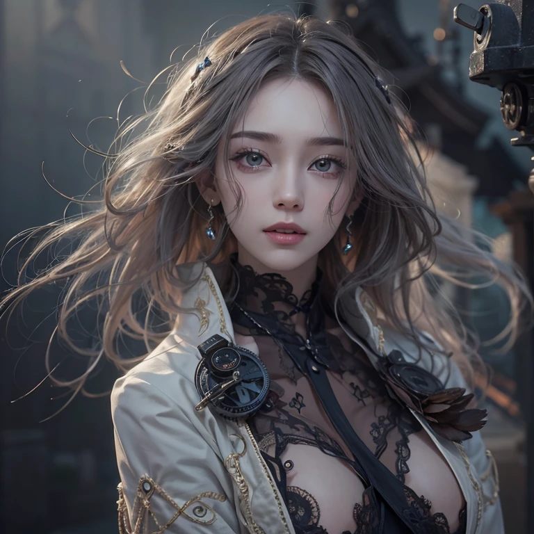 Standing in the grave、Hair Flow、 ((Highest quality、masterpiece、8k、Best image quality、Ultra-high resolution、Award-winning works)、(Accurate anatomy:1.1)、(Look at me and smile:1.1)、Shining fair skin with Ultra-high resolution、The most detailed face、Ultra-high resolution detailed face、Ultra-high resolutionの髪の毛、(Ultra-high resolution eye:1.1)、Beautiful face drawn in every detail、Steampunk costumes, Chest to chest, Strange atmosphere, Ghosts flow, Dark Light, At the Cemetery, Heavy makeup