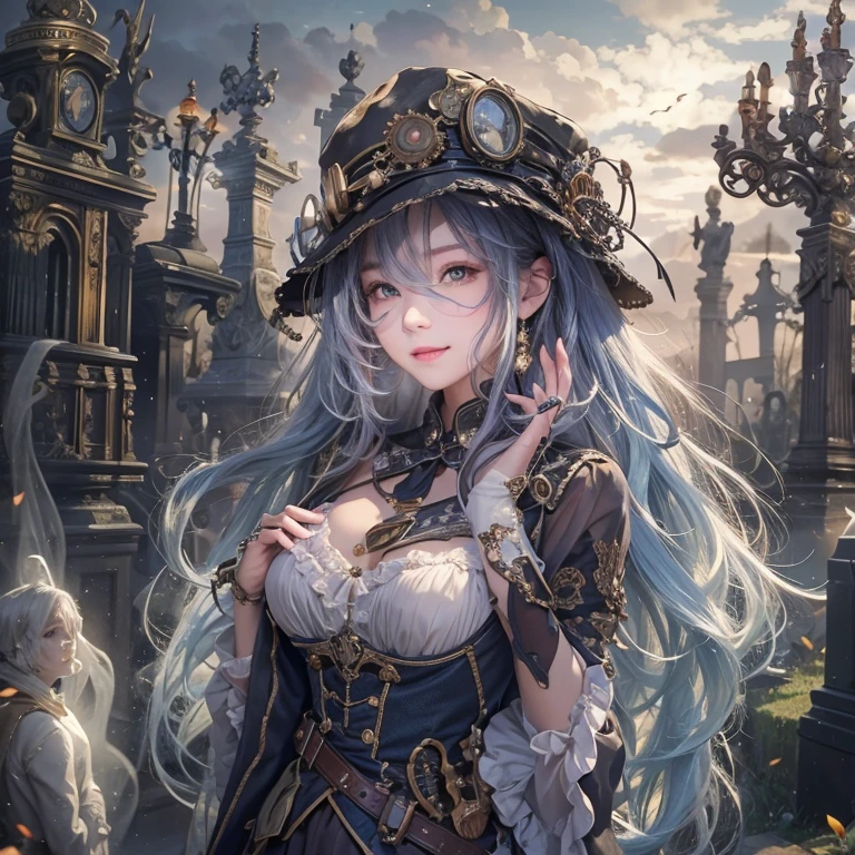 Standing in the grave、Hair Flow、 ((Highest quality、masterpiece、8k、Best image quality、Ultra-high resolution、Award-winning works)、(Accurate anatomy:1.1)、(Look at me and smile:1.1)、Shining fair skin with Ultra-high resolution、The most detailed face、Ultra-high resolution detailed face、Ultra-high resolutionの髪の毛、(Ultra-high resolution eye:1.1)、Beautiful face drawn in every detail、Steampunk costumes, Chest to chest, Strange atmosphere, Ghosts flow, Dark Light, At the Cemetery, Heavy makeup