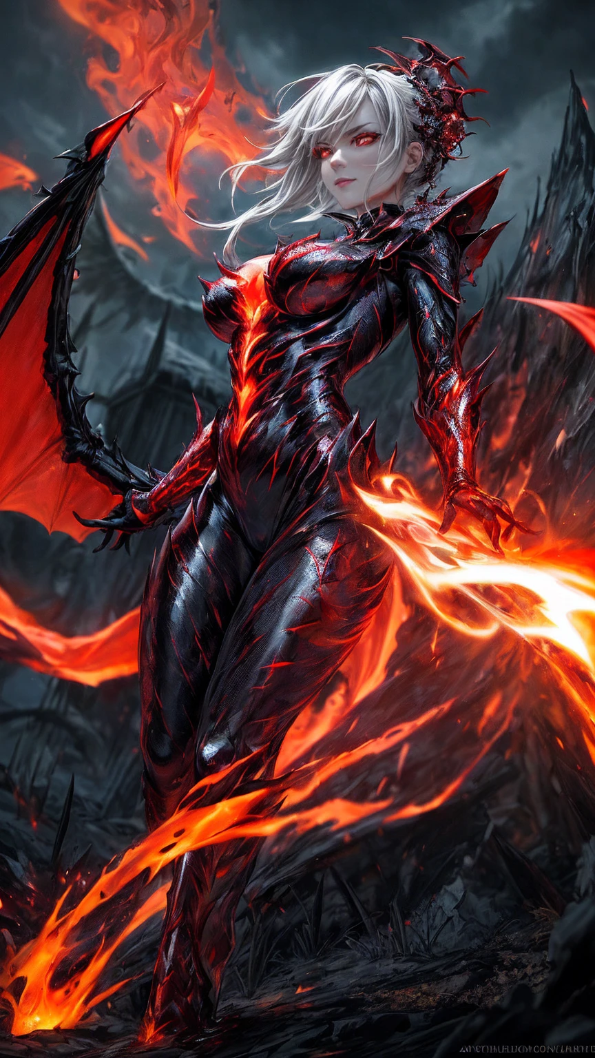 masterpiece, highest quality, dragonlady queen, bright red glowing eyes, detailed eyes (1.4), scars on face, villainous expression, flaming skin body with bioluminescent glowing pattern, ready for battle, blurred stormy background, dark atmosphere, lighting in background,full body,